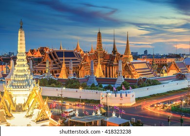 Grand palace and Wat phra keaw at sunset Bangkok, Thailand. Beautiful Landmark of Asia.  Temple of the Emerald Buddha. landscape of the capital city. view of thailand