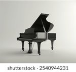 A grand piano with a black and silver finish sits on a white background. The piano is open and ready to be played. Concept of elegance and sophistication, as the piano is a classic