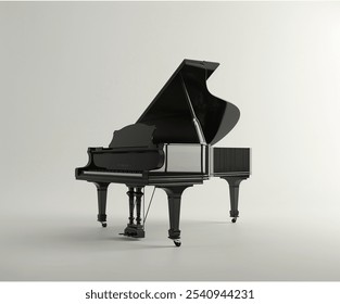 A grand piano with a black and silver finish sits on a white background. The piano is open and ready to be played. Concept of elegance and sophistication, as the piano is a classic