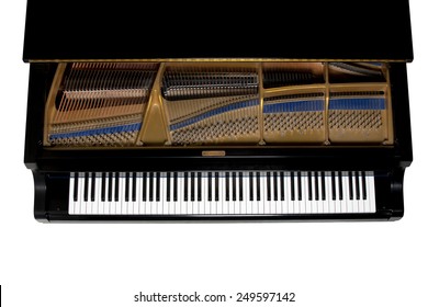 Grand Piano.  Close Up Showing Keys, Harp, And Hammers.  Viewed From Above.  Isolated On White.