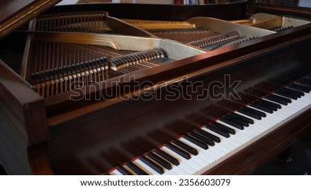Grand piano with top open, showing keys, strings and hammers