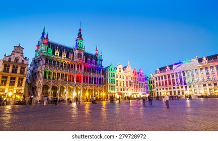 Grand Place in Brussels with colorful lighting, Belgium