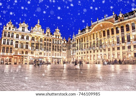 Grand Place in Brussels on a snowy winter night, Belgium