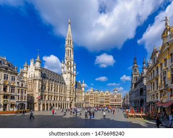 Grand Place (Grote Markt) with Town Hall (Hotel de Ville) and Maison du Roi (King's House or Breadhouse) in Brussels, Belgium. Grand Place is tourist destination in Brussels. Cityscape of Brussels.