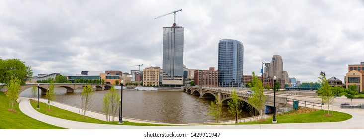 Grand Rapids city skyline, in the state of Michigan, United States, as seen across the Grand River