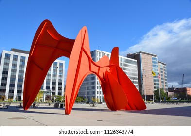 GRAND RAPIDS, MI / USA - OCTOBER 15, 2017:  La Grande Vitesse, shown here, was funded by the Art in Public Places program of the National Endowment for the Arts as its first public art work. 