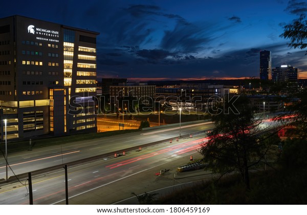 Grand Rapids, Michigan, 08/31/2020: View of I-196\
in downtown Grand Rapids. Michigan State University\'s Secchia\
Center is on the left.