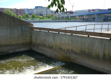 Grand Rapids, Michigan - Jul 30, 2020:  View Of The Famous Fish Ladder                               