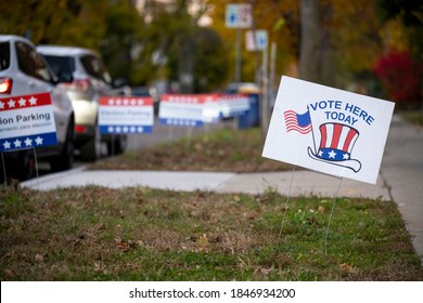 Grand Rapids, Michigan, November 3, 2020: A "vote here today" sign outside a polling station on Election Day. 