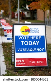 Grand Rapids, Michigan, November 3, 2020: A "vote here today" sign outside a polling station on Election Day.