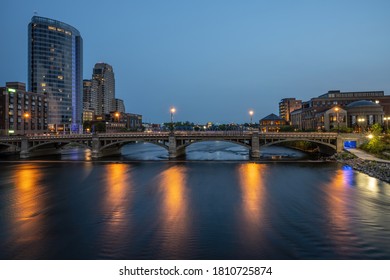 Grand Rapids, Michigan, September 7, 2020: Pearl Street Bridge on Grand River in downtown Grand Rapids.