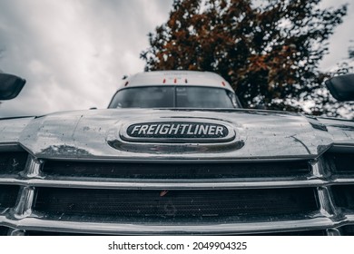 Grand Rapids, Michigan United States - 09-29-2021: Freightliner Truck Hood Close Up