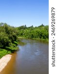 Grand River, Brantford, Ontario, Canada. On Cockshutt Road Bridge looking down. Flowing water system, trees, woods, blue sky, sunny summer day. Outdoors nature natural beauty beautiful peaceful. 