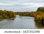 Grand River near Cambridge Ontario. Autumn landscape.