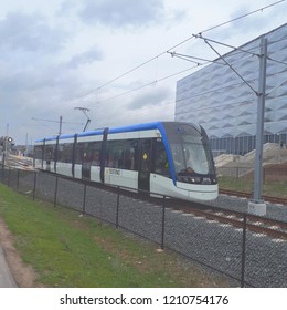 Grand River Transit - Light Rail Test Vehicle, In Front Of UWaterloo's Engineering 5. Shot On May 4, 2018 In Waterloo, Ontario, Canada.