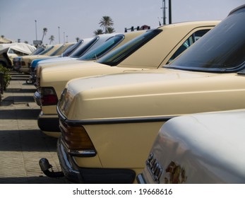 A Lot Of Grand Taxi On The Parking In Marrakesh, Morocco