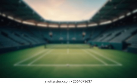 A grand tennis stadium at sunset, bathed in warm light with empty stands and a perfectly manicured grass court. Ideal for sports, architecture, or event themes.
 - Powered by Shutterstock