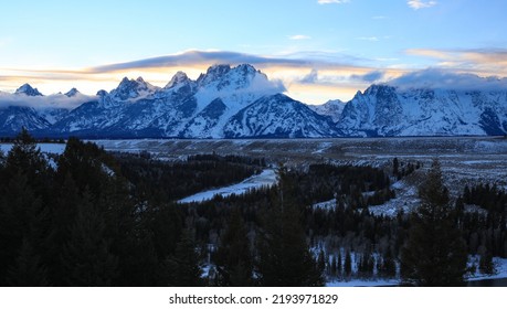 Grand Teton Mountains In Wyoming In Winter At Sunrise