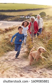 Grandchildren And Pet Dog Exploring Sand Dunes With Grandparents On Winter Beach Vacation