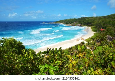 Grande Anse Beach In La Digue Island, Indian Ocean, Seychelles. Tropical Travel Destination.