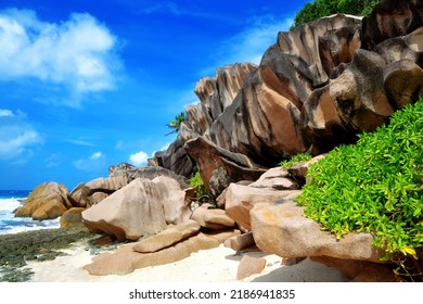 Grande Anse Beach In La Digue Island, Indian Ocean, Seychelles. Tropical Travel Destination.