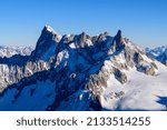 Grandes Jorasses, Dent and Glacier du Geant, Aiguilles Marbrees in Europe, France, Rhone Alpes, Savoie, Alps in winter on a sunny day.