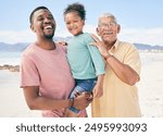 Grandfather, dad and girl, portrait on beach holiday in South Africa with love and fun together. Travel, happy black family and smile on face while bonding on summer vacation for African men and kid.