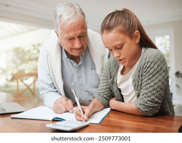 Grandfather, girl and serious with math homework at home for education, learning and support with care. People, school work and calculator for child development, growth and project with notebook - Powered by Shutterstock