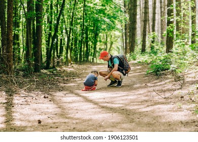 Grandfather and granddaughter looking at bug in forest - Oer-Erkenschwick, Germany