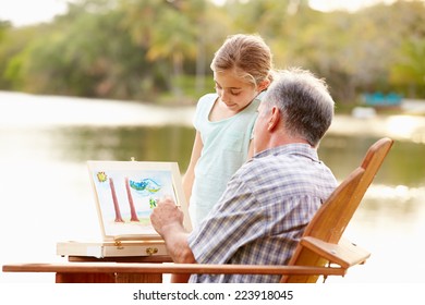 Grandfather With Granddaughter Outdoors Painting Landscape