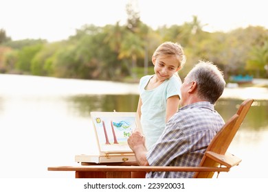 Grandfather With Granddaughter Outdoors Painting Landscape