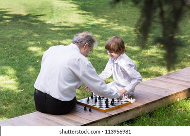 Grandfather And Grandson Playing Chess In A Park