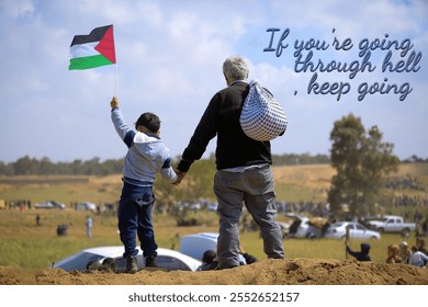 The grandfather and grandson walk into the unknown, with the grandson proudly holding the flag of his homeland, Palestine - Powered by Shutterstock