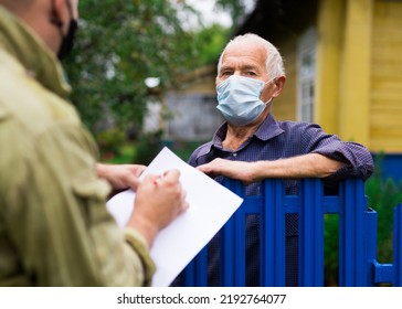 Grandfather In Protective Mask Talking To Census