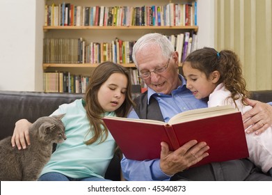 Grandfather Reading A Story To His Grandchild With A Cat