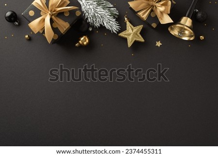 Grandiose holiday shopping theme. Top view extravagant gifts with elegant bows, deluxe opulent black, gold Christmas decor, confetti, bell, fir twig, dark backdrop with room for festive text or promo