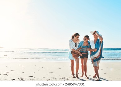 Grandma, daughter and happy with girl in ocean for fun on summer holiday or vacation and break. Family, senior woman and excited or smile with kid in beach for bonding, love and support for memories - Powered by Shutterstock