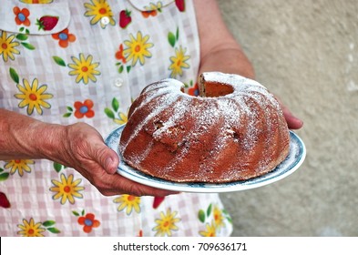 Grandma Holding A Bundt Cake With Hands. Cooking Cake. Recipe Card. Vintage Food Label.