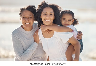 Grandma, Mom And Girl Beach Love To Smile Together For Motherhood, Women And Freedom Fun Ocean Holiday Vacation. People Or Black Family And Child Happy At Free Sea Water Travel In Summer