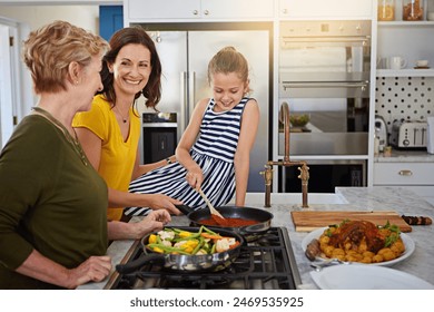 Grandma, mother and girl child cooking together with teaching, learning and happy bonding in home. Food, women and daughter in kitchen for lunch with smile, love and sharing healthy recipe on counter - Powered by Shutterstock