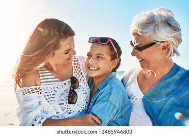 Grandma, mother and girl on beach for vacation, holiday journey and adventure with embrace in Florida. Multigenerational family, grandparent and mom with daughter for bonding, caring and peace by sea - Powered by Shutterstock