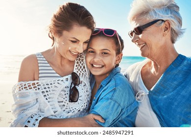 Grandma, mother and girl in portrait on beach, vacation and holiday adventure with embrace in Florida. Multigenerational family, grandparent and mom with daughter for bonding, caring and hug by sea - Powered by Shutterstock