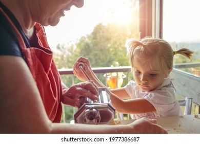 Grandma With Two Nephew Cooking Pasta. Old And New Generation. Traditional Value Passed From Generation To Generation. Family Concept , Human Value. Slow Motion 