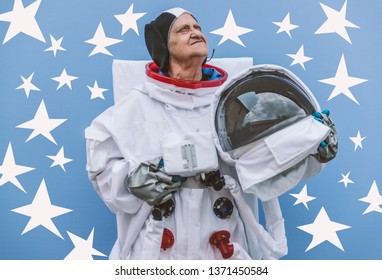 Grandmother Astronaut  Going To Space, Funny Concept About Senior Woman And Her Dreams