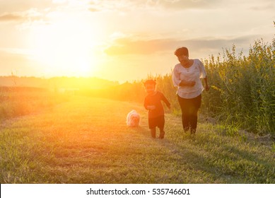 Grandmother, Daughter And A Dog With Happy Family Enjoying Life Together At Meadow; Light And Lens Flare Effect Tone.