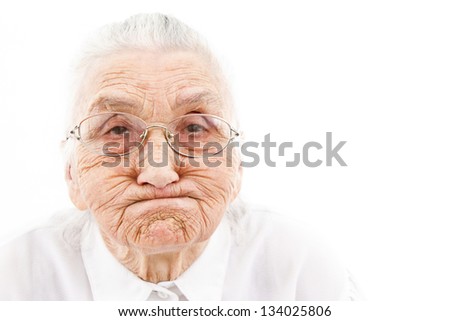 grandmother with funny expressions ona n isoltaed background