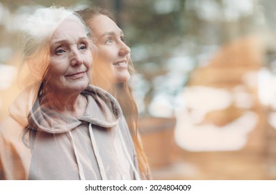 Grandmother and granddaughter women double exposure image. Young and elderly woman portrait. Love, dreams and happy family relations concept