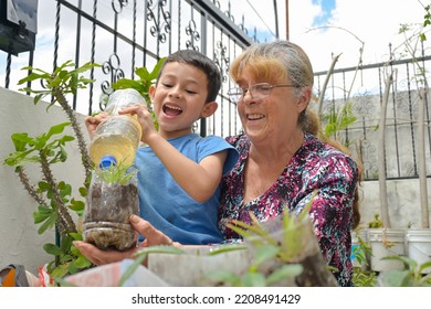 grandmother has fun with her grandson while watering plants with recycled water at home - Powered by Shutterstock