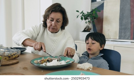 Grandmother helps grandson with his meal at the dining table, cutting food for young boy, moment of family togetherness and nurturing. bond between generations during mealtime - Powered by Shutterstock