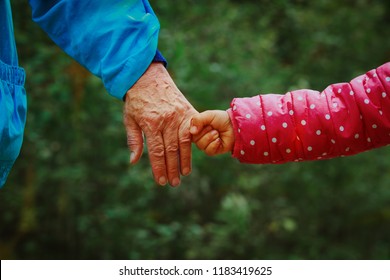 Grandmother Holding Grandchild Hand In Nature